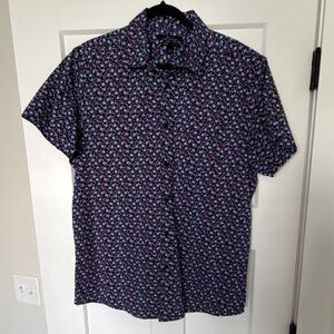 Marc Anthony Slim Fit Blue Floral Cotton Short Sleeve Button-Up Shirt Men's L